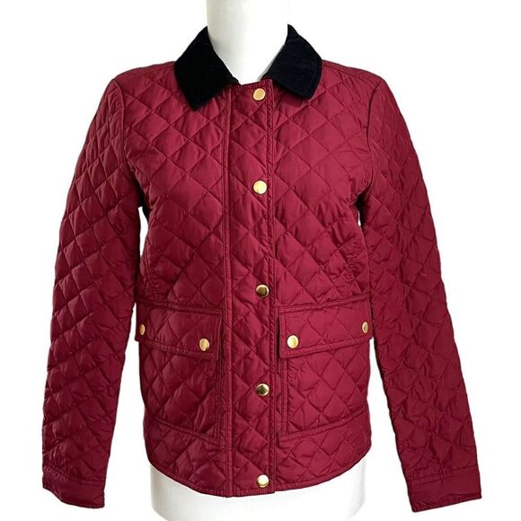 J Crew Quilted Barn Down Field Jacket XS Burgundy Chore Corduroy Collar Preppy - Picture 2 of 14
